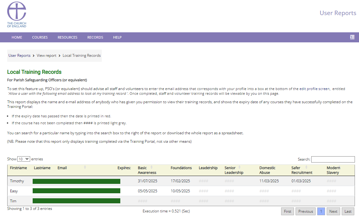 screenshot of a web-page showing a report of two users' training records